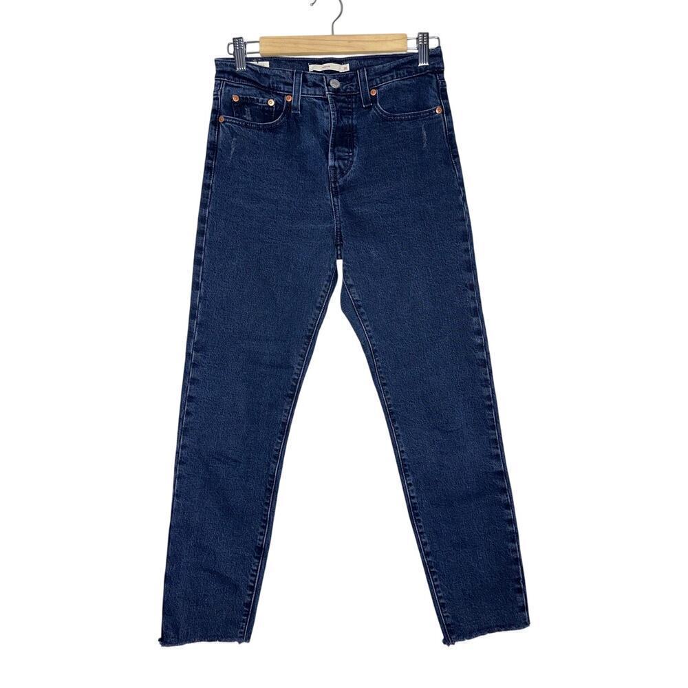 Levi's Wedgie Button Fly Straight Leg Jeans Frayed Hem Dark Blue Wash Size 26